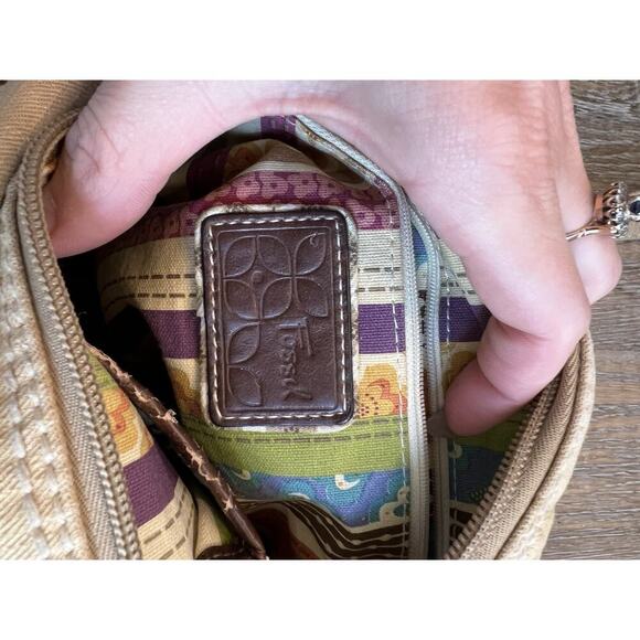 Fossil Vintage Fabric Handbag Canvas Pockets Crossbody Shoulder Bag Tan - Picture 6 of 12